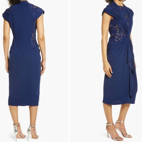 TADASHI SHOJI LACE INSET CAP SLEEVE NAVY COCKTAIL DRESS sz M A 20 - Picture 2 of 7